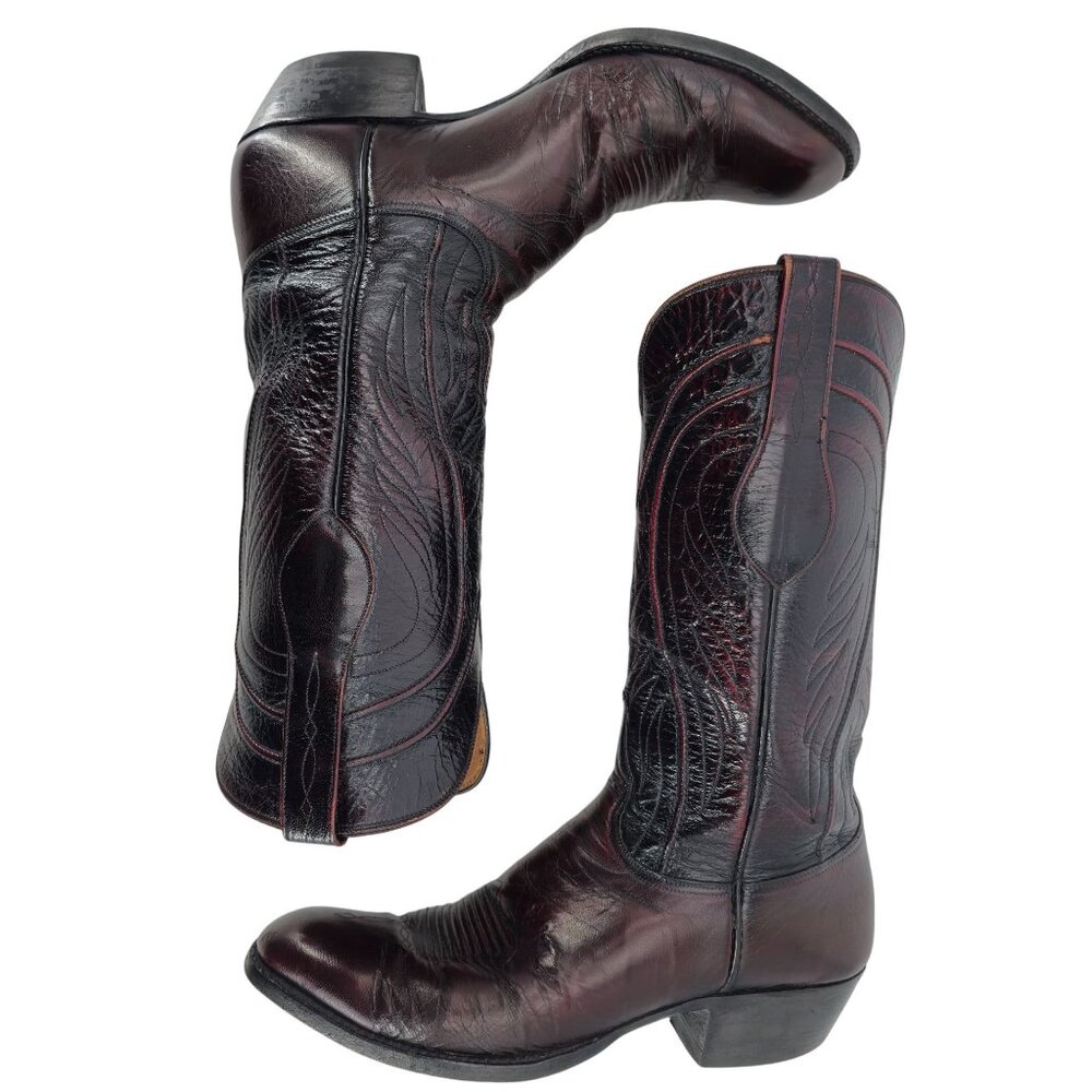 Vintage Lucchese Mens 9.5D Black Cherry Burgundy Leather Cowboy Western Boots - Picture 10 of 16